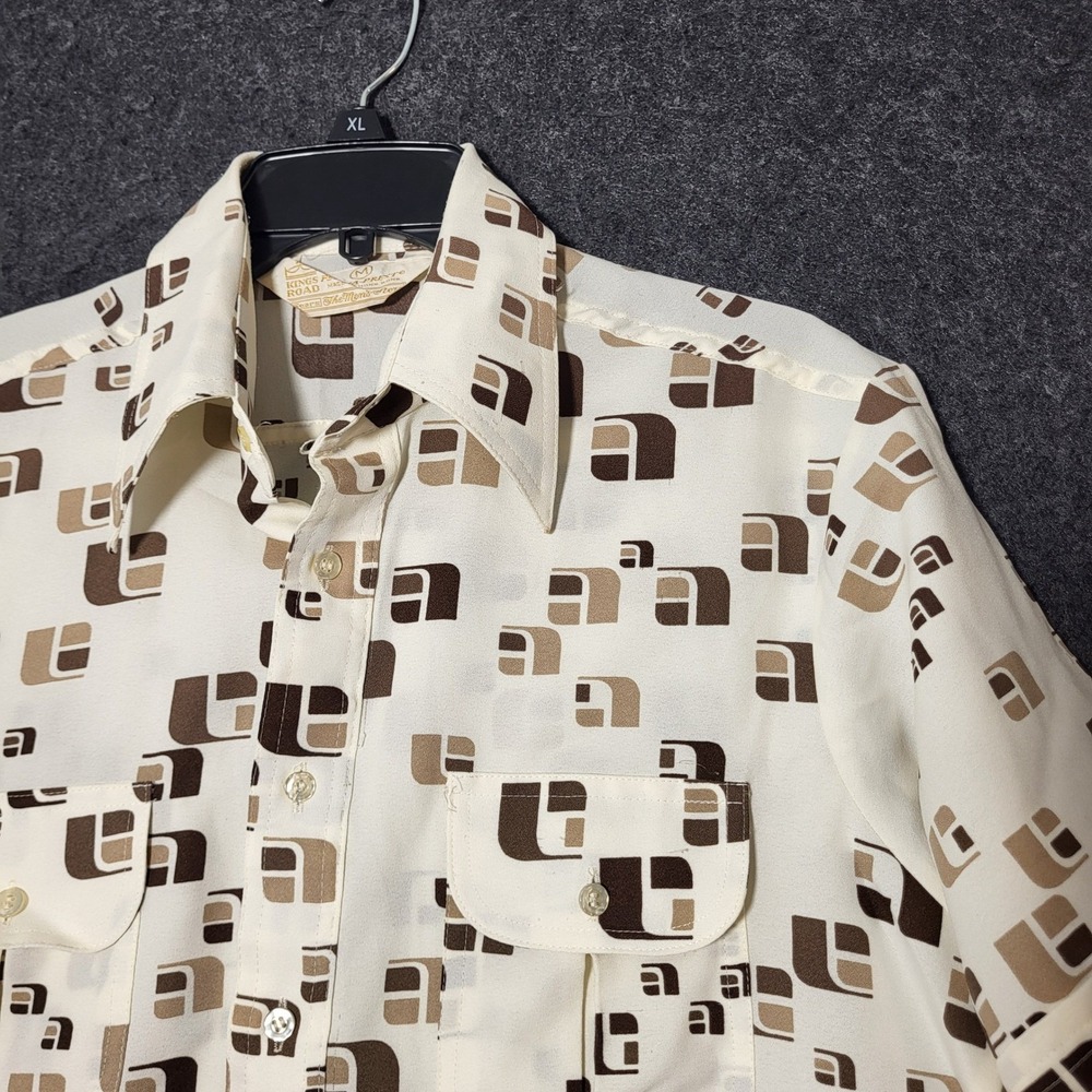 Vintage Kings Road Sears Perma-Prest 70s Geometric Shirt Mens Medium Brown Cream